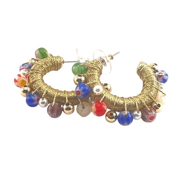 Handcrafted Gold-Tone Beaded Hoop Earrings Colorful Murano Glass Beads & Pearls - Picture 2 of 8